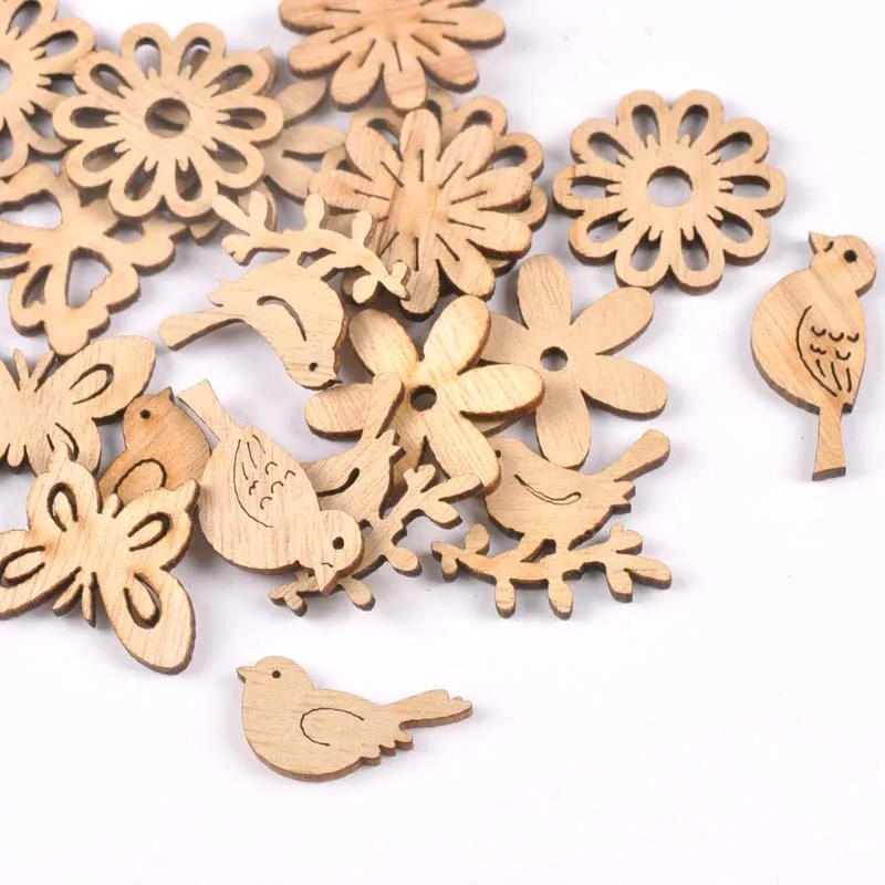 50pcs 22-30mm Natural Wood Crafts Butterflies and birds DIY Scrapbooking For Wooden Ornament Home Decoration m2504