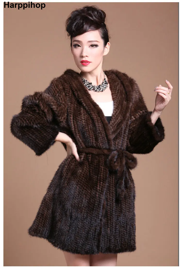 Natural Fur Coat Women Handmade Knitted Mink Fur Coats With Fur Hood Jacket Winter Fur Jackets For Women