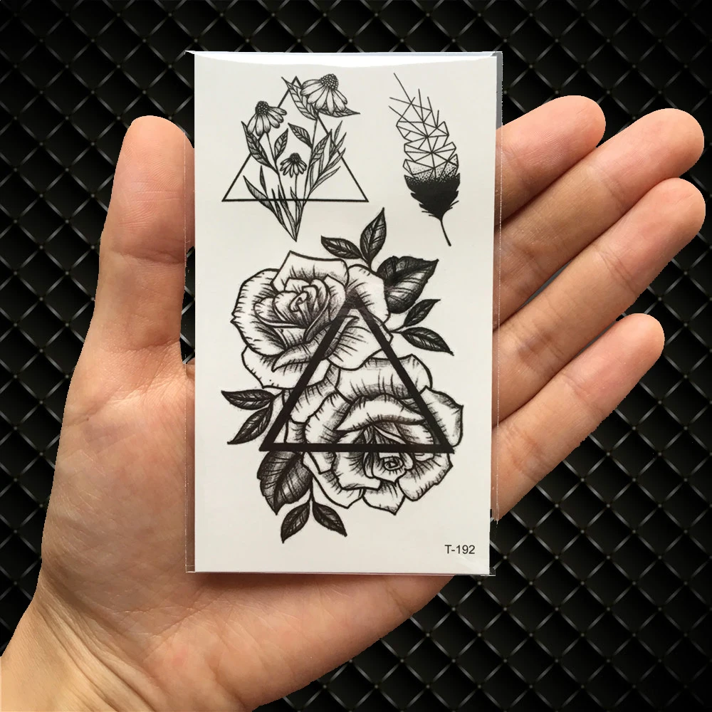 Black Triangle Rose Flower Temporary Tattoo Summer Feather Birds Tattoo Stickers Women Party Waterproof Tatto Girls Body Arm Art