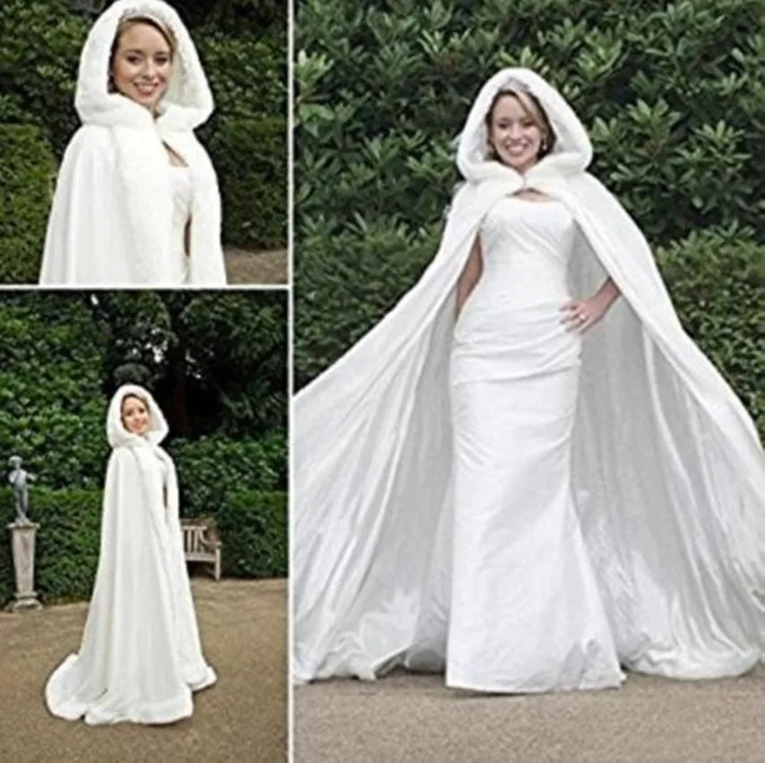 

Bridal Winter Hooded Faux Fur Trim Satin Wedding Jacket Cloak Shawl Cape Mantles Wraps Elves Cape in White Ivory