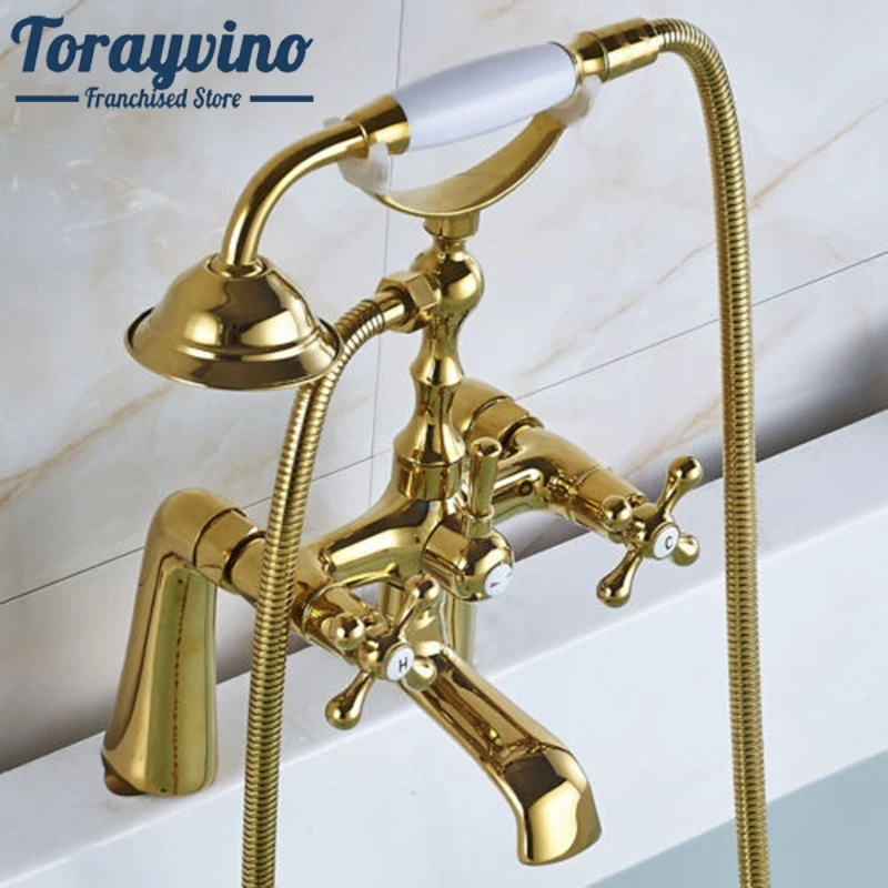 Torayvino Luxury Gold Shower New Fashion Brass Bathtub Bathroom Shower Faucet Set Ceramic Handle Tub Mixer Waterfall Hand Shower