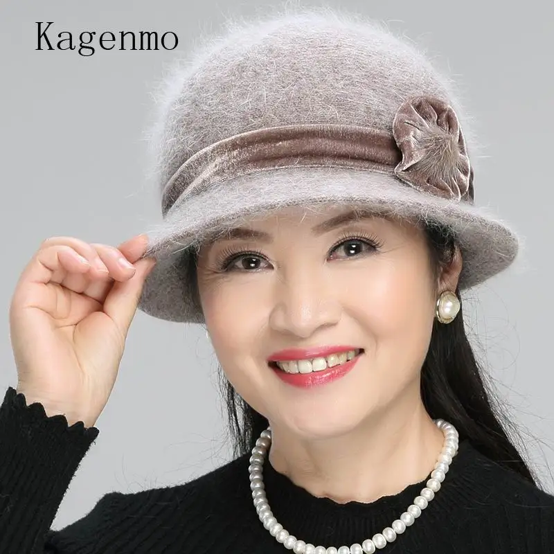 Kagenmo Cap Scarf Twinsets Mother's New Year Gift Thick Knitting Rabbit Fur Warm Sets Fashion Outdoor Keep Warm Women Hat Scarf