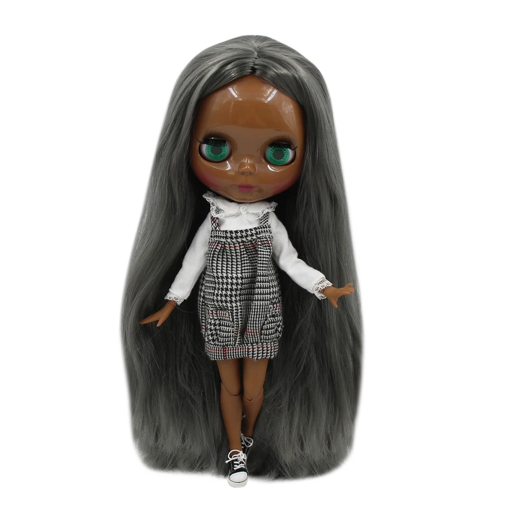 

ICY Fortune Days factory blyth doll No.BL9016 nude doll with super dark skin long grey straight hair and glossy face joint body