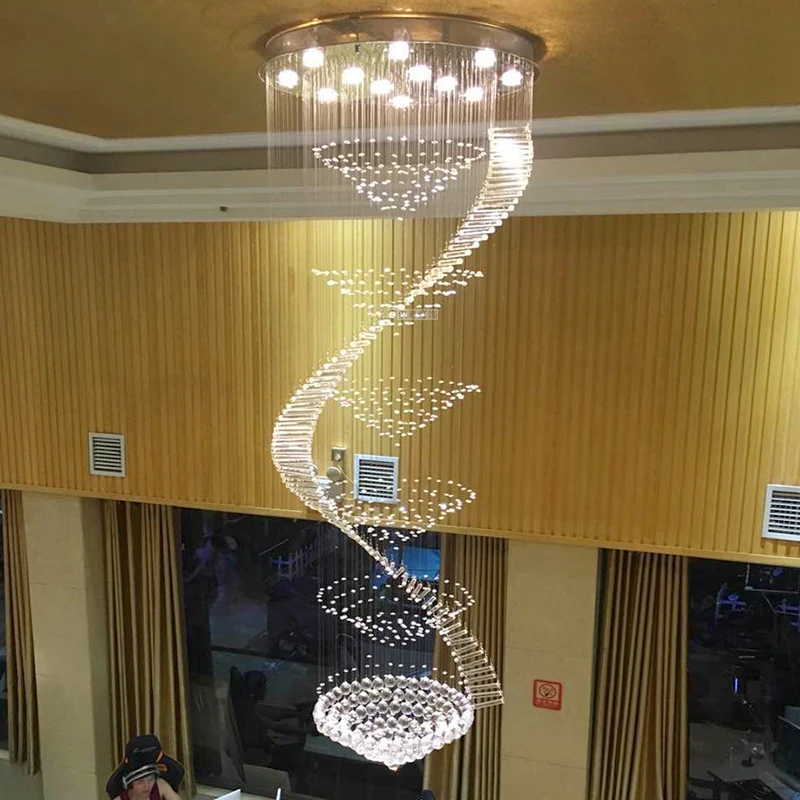 

Long Crystal Pendant Lamps Stair Spiral Crystals Lighting Staircase Light Ceiling High Rope Living Room Hanging Lights Big ZG801