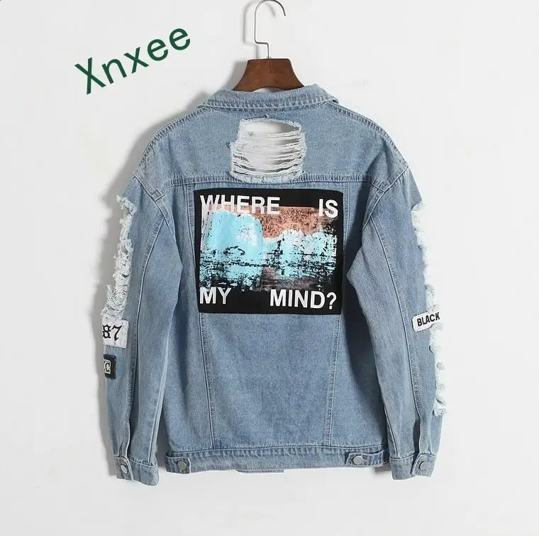 

Xnxee Where is my mind Korea Kpop retro frayed embroidery letter patch women &#39s denim bomber jacket Blue Coat Female