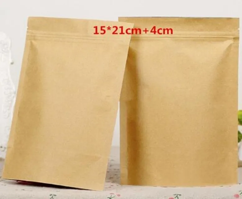 100pcs/lot-15*21cm+4cm Zipper Top Seal Kraft Paper Stand Up Bags Party Food Gift Packaging Aluminum Foil Pouches