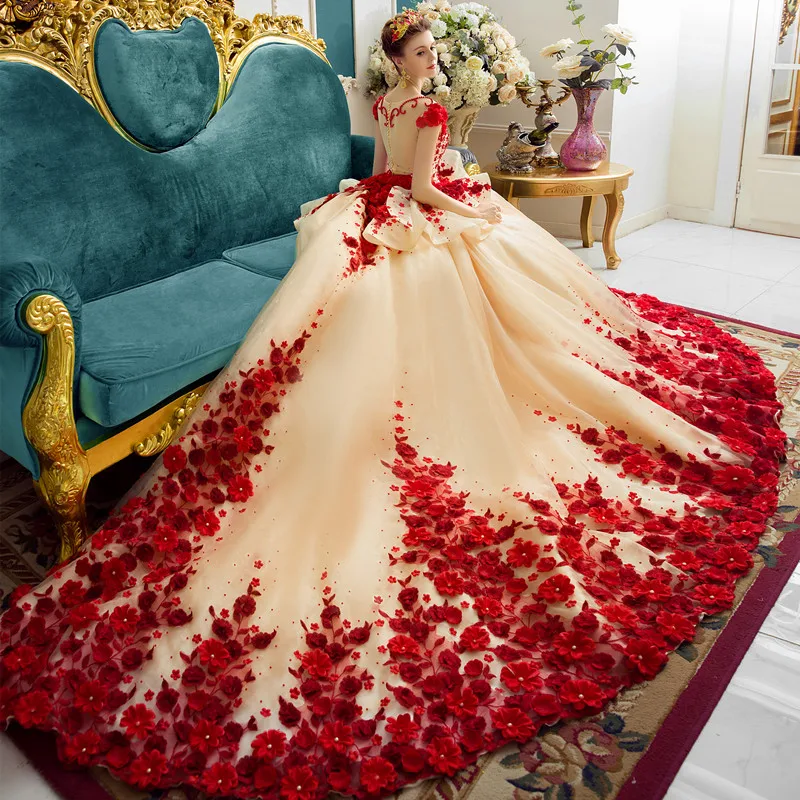 Robe de mariée en dentelle champagne personnalisée, robes éducatives, patients musulmans arabes, fleurs à la main, train de mariée, quelle que soit la robe, 1m, 2025