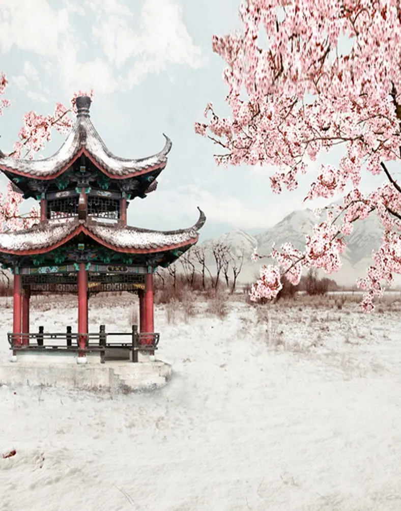 5x7ft Chinese Pavilion Pink Flowers Photography Backdrops Photo Props Studio Background