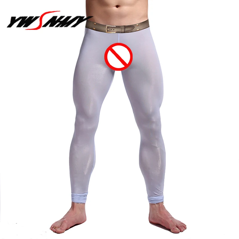 

Mens Brand Sexy Nylon Transparent Long Johns Printed Fake Belt Homme lce Silk Sheer Leggings Bottoms/Gay Lounge Tights Underwear