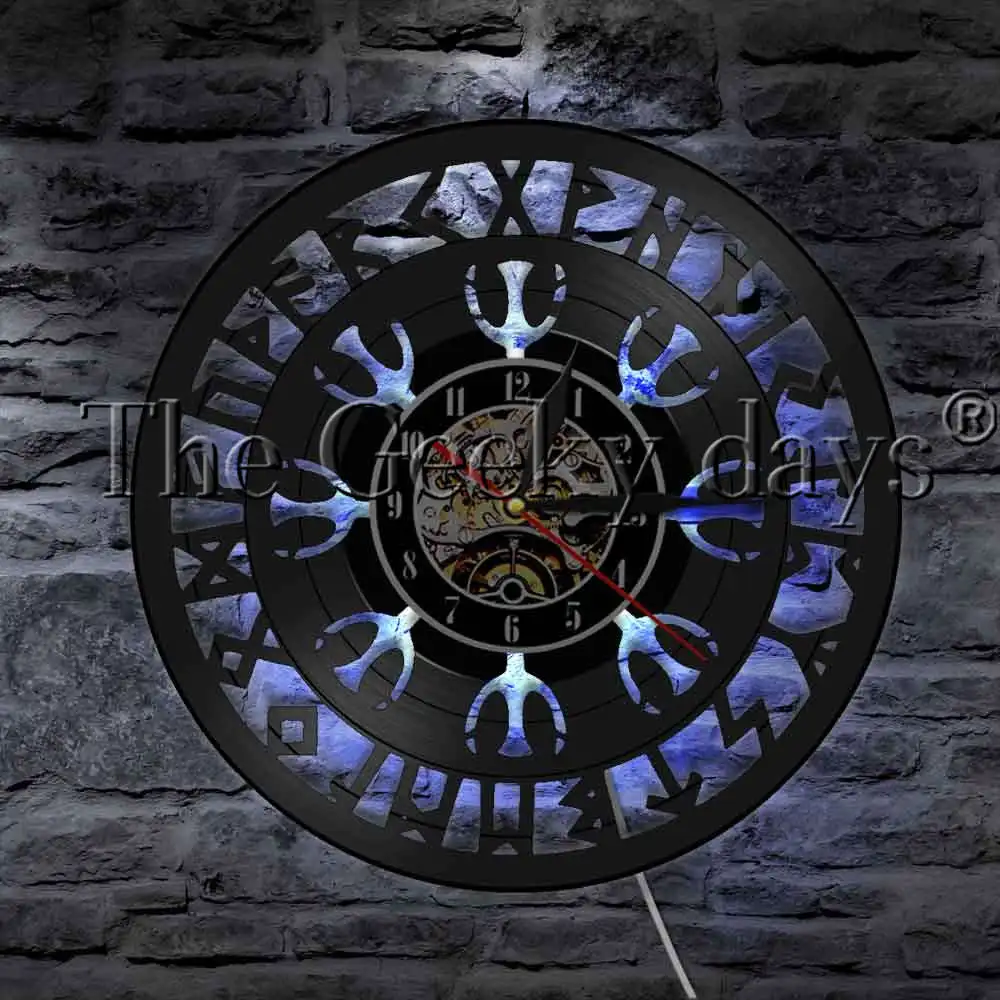 Viking Compass LED Night Light Vinyl Record Wall Clock Mysterious Symbol Norse Talisman Wall Watch Decorative Lighting