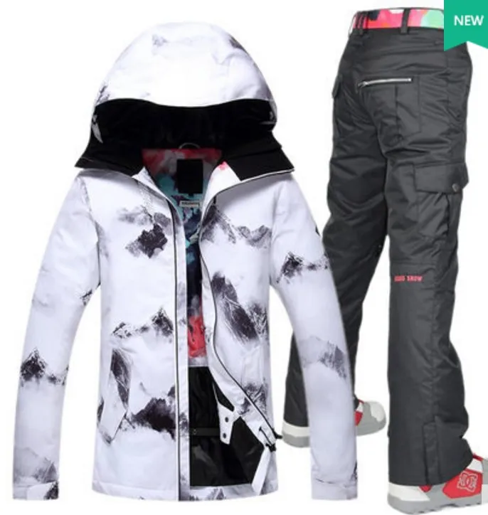 Womens Ski Race Suit Female White Insulated Snowboarding Riding Jacket With Black Waterproof Pants Lightweight Skating SnowSuit