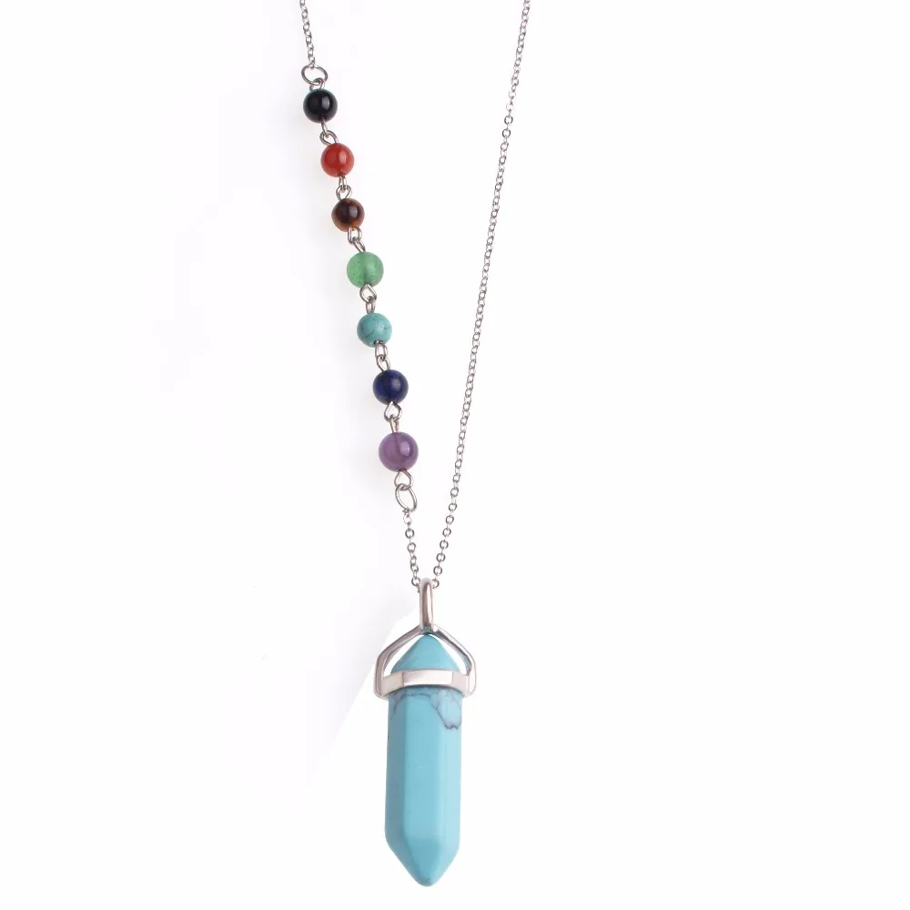 New Design Silver Color 7 Chakra Crystal Beads Charms Natural Hexagonal Prism Stone Pendant Necklace For Women Girls Lol