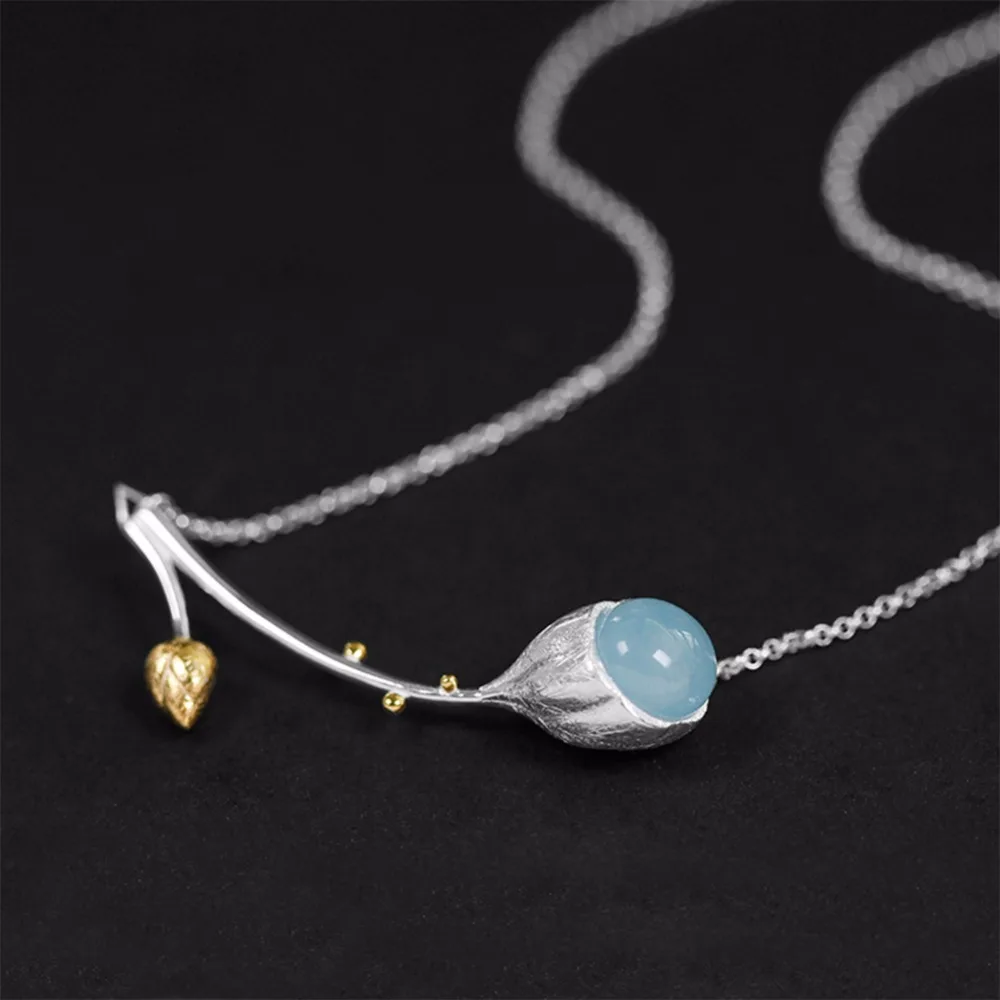 Lotus Fun Moment Real 925 Sterling Silver Natural Stone Handmade Designer Fashion Jewelry Elegant Lotus Buds Necklace for Women