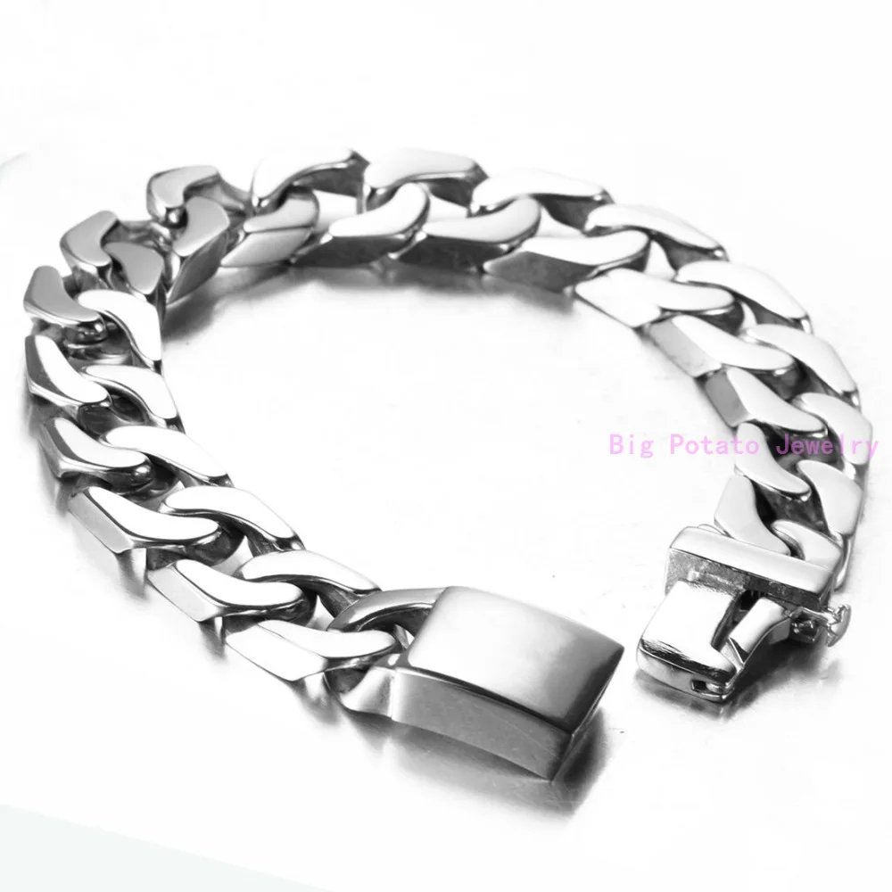 Top Polishing Silver Color Cuban Curb Casting Link Chain Bracelet 316L Stainless Steel Cool Men Bangle Jewelry 12mm*22CM