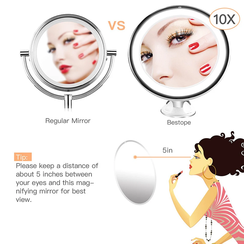 10X Magnifying Lighted LED Makeup Mirror Portable Hand Vanity Home Tabletop Bathroom Power Locking Suction Cup 360 Degree Swivel