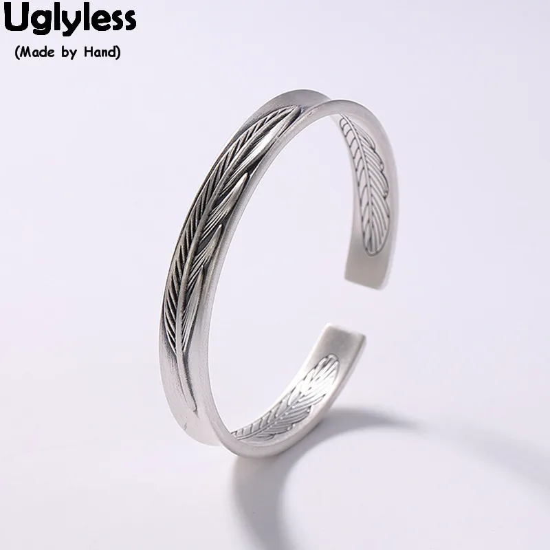 

Uglyless 100% Real Solid 999 Pure Silver Leaf Bangles for Women Handmade Feather Open Bangle Inside Carved motto Fine Jewelry