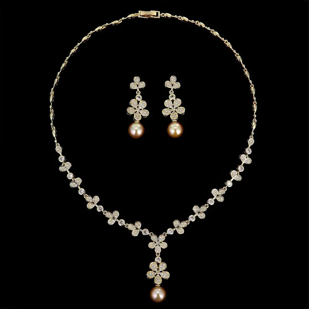 

CZ Cubic Zircon and Pearls Bridal Wedding Necklace Earring Set Jewelry Sets for Women Prom Jewelry Accessories CN10267