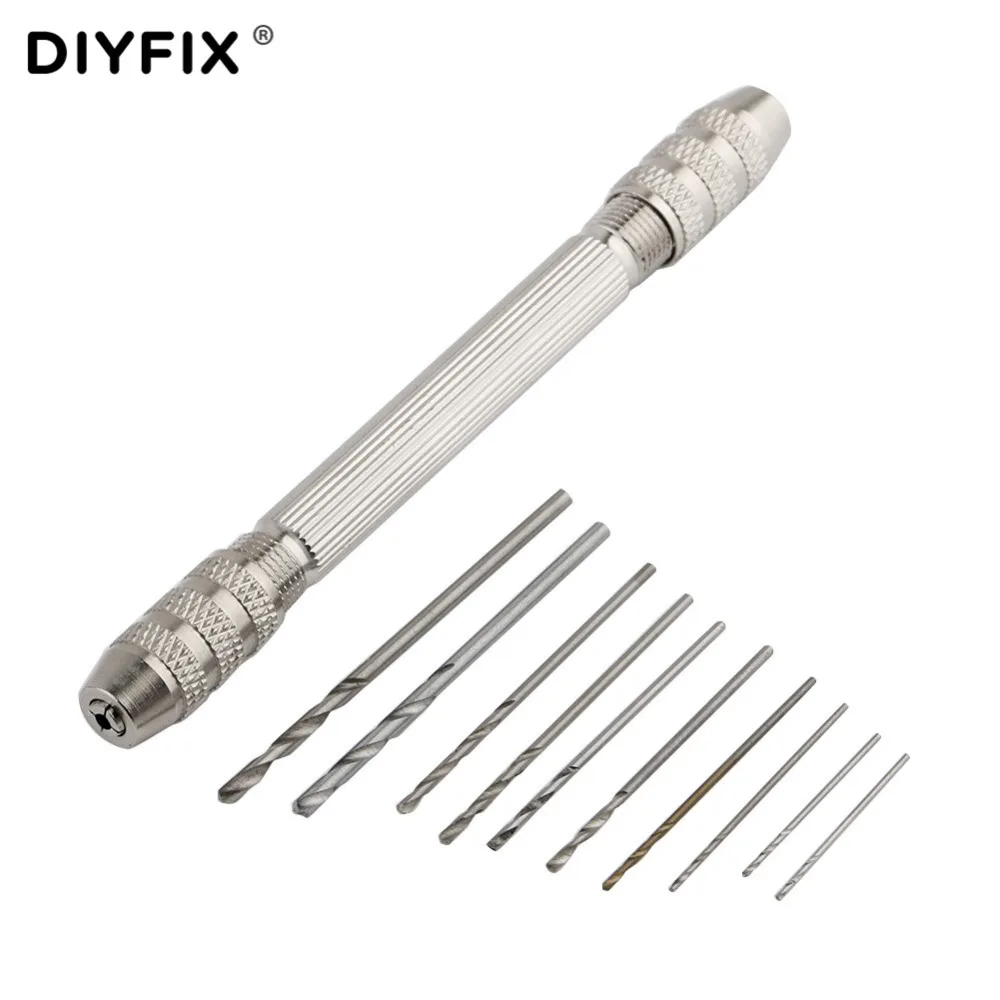 DIYFIX-Juego de brocas giratorias, kit de herramientas rotativas de perforación de carpintería, Mini Micro taladro manual de aleación de aluminio con mandril sin llave, 10 Uds.