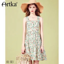 ARTKA 2018 Summer New Female A-line Floral Printing High Waist Retro Backless Strap Big Swing Dress LA11987X