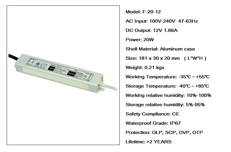 10pcs/lot 12V 1.66A 20W IP67 Waterproof Power Supply Driver for LED Strip 5050 3528 Transformers AC 110-220V To DC Metal shell