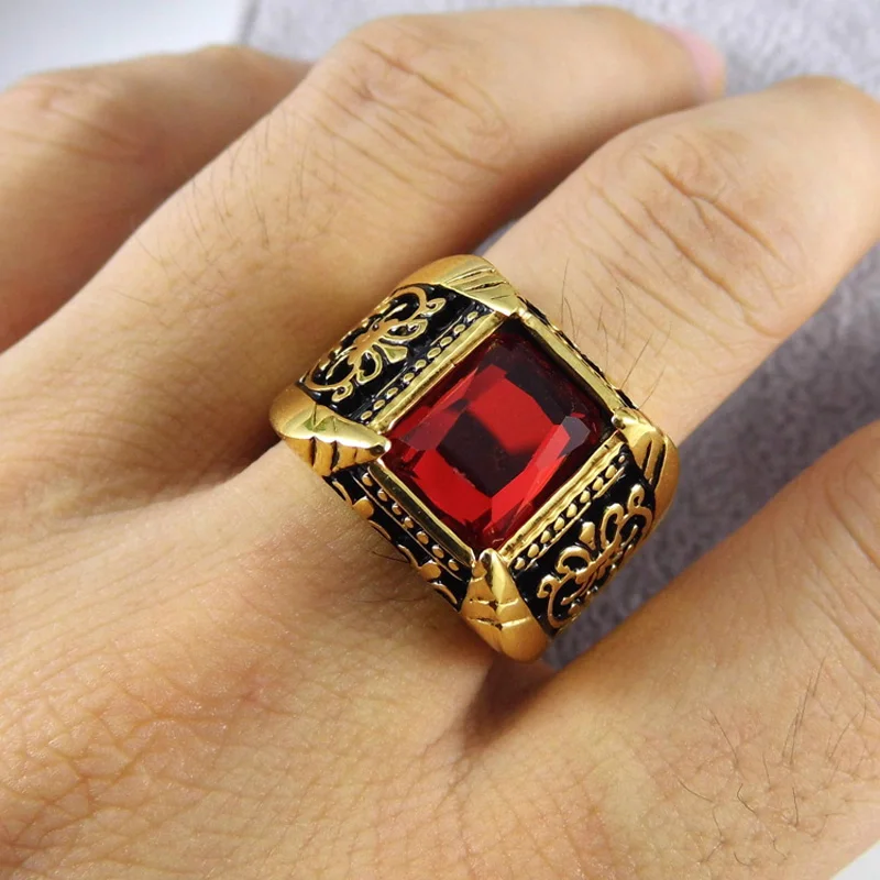 Brand Jewelry Vintage Antique Gold Color Crystal Ring For Men Stainless Steel Big Square Stone Finger Ring Male Men Jewelry