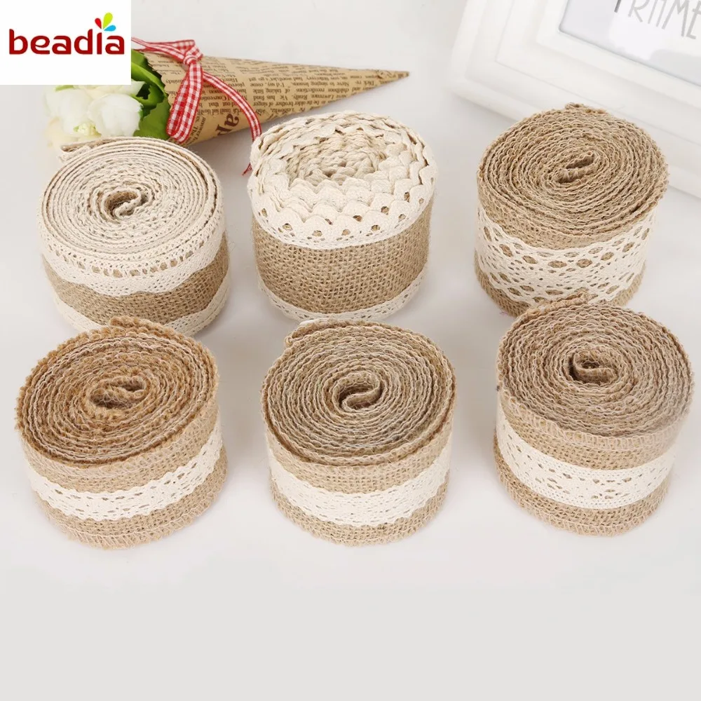 Width 5/6cm 2M/Roll Ivory Color Natural Jute Burlap Hessian Ribbon with Cotton Lace For Rustic Wrap Gift Packing Decoration