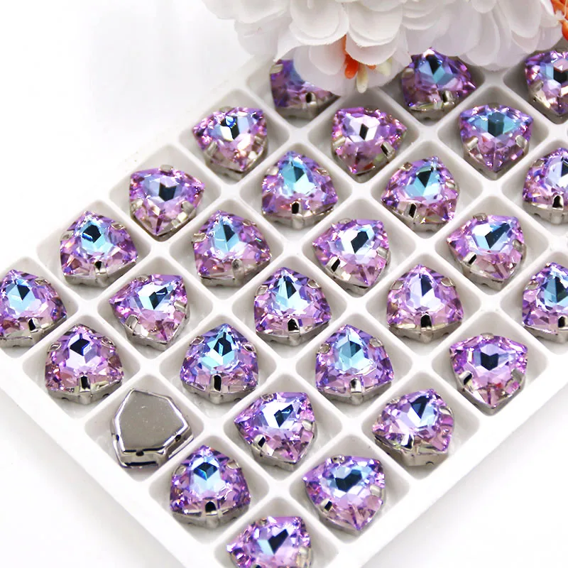 NEW 12mm Fat Triangle Bright purple rhinestones Glass Crystal sew on rhinestones sliver base with hole diy/clothing accessories