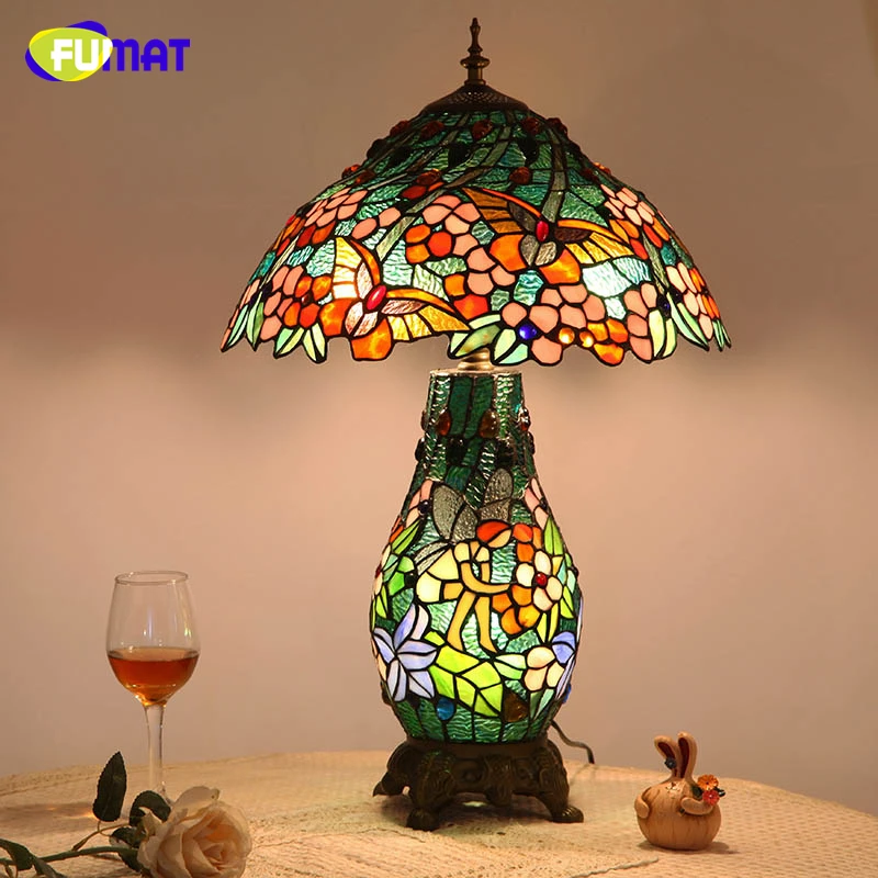 

FUMAT European Creative LED Living Room Table Lamp Tiffany Vintage Pastoral Stained Glass Warm Art Table Lamp Glass Shade Lights