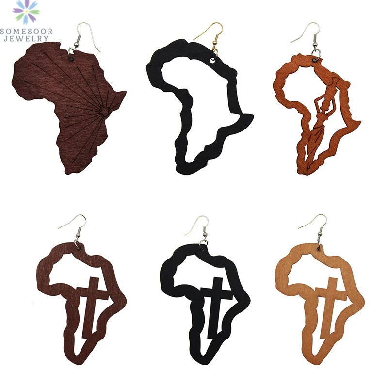 SOMESOOR Vintage African Map Wood Drop Earrings Laser Engraved God Cross Afrocentric Ethnic Art Jewelry For Women Gift Mix 6Pair