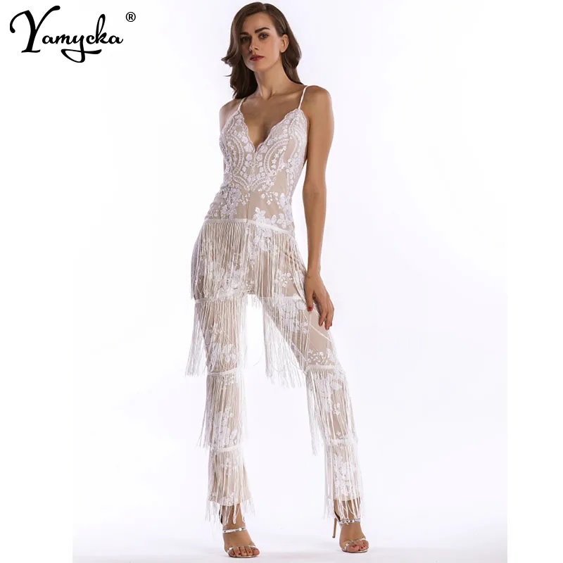 Sexy V neck Sequins Summer bodysuit women one pieces Backless tassel body femme rompers womens jumpsuit Bandages Tassel Overalls