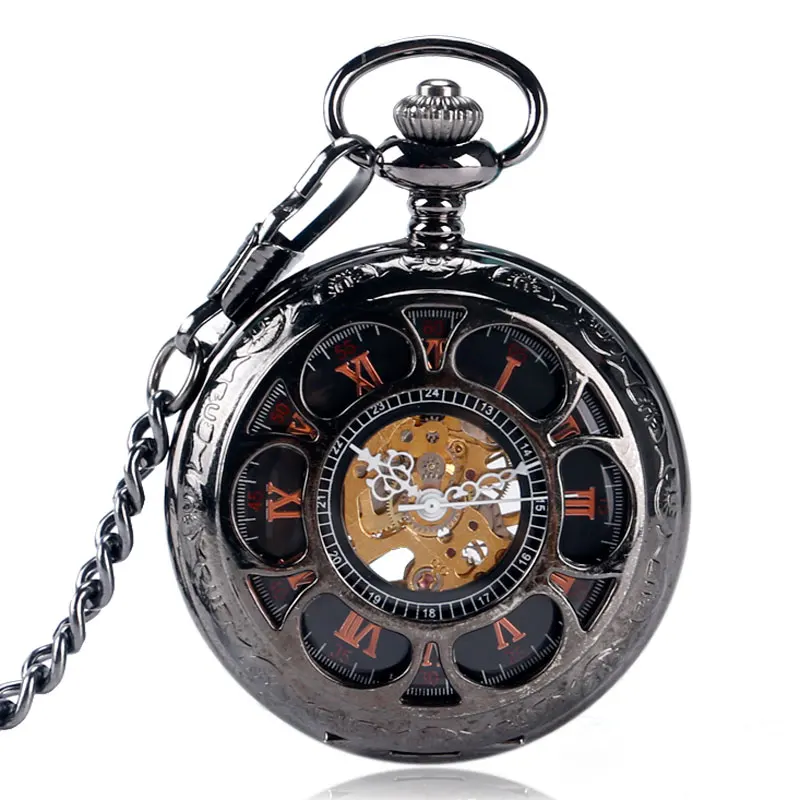 New Arrivals Fashion Black Hollow Pocket Watch Mechanical Hand Wind Timepiece Carving Flowers Clock Necklace Accessory Gift