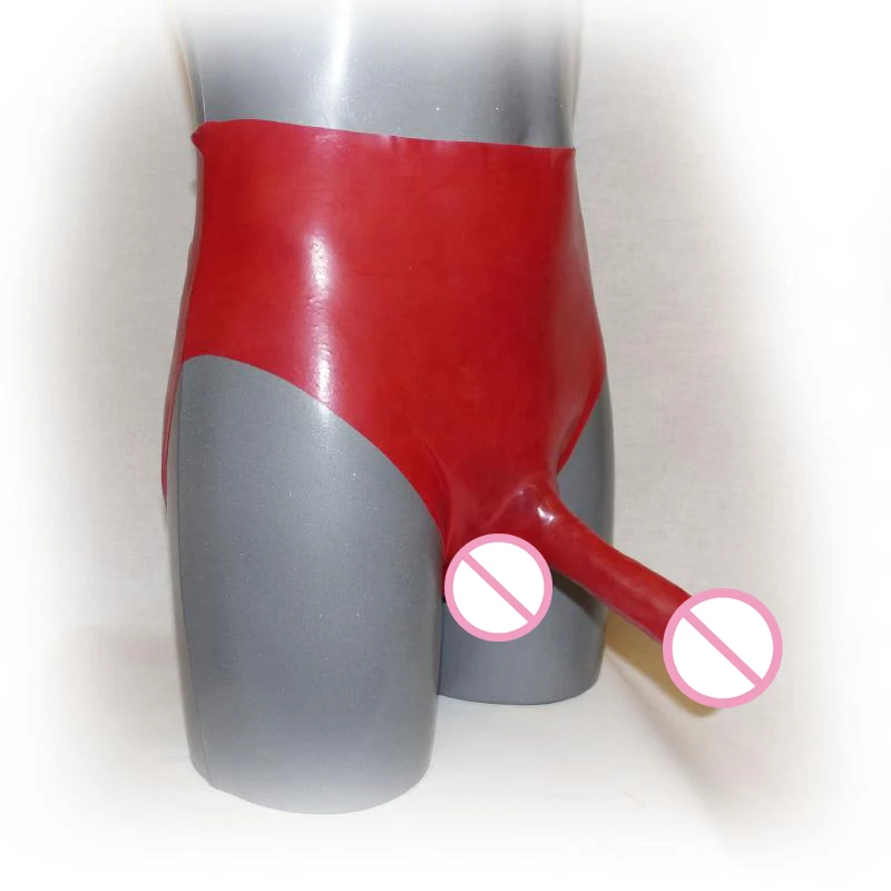 Fetish Men's Red Latex Underwear with Penis Sheath Rubber Panties With Penis Condom