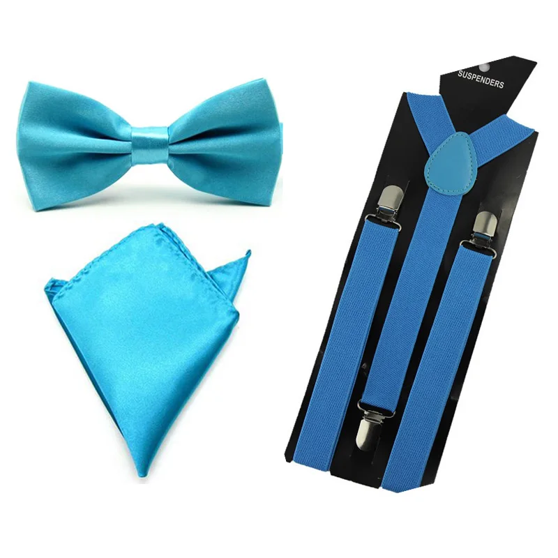 ชายซาติน Bowtie Y-Shape Suspenders ผ้าเช็ดหน้า Pocket Square ชุด BWSET0013