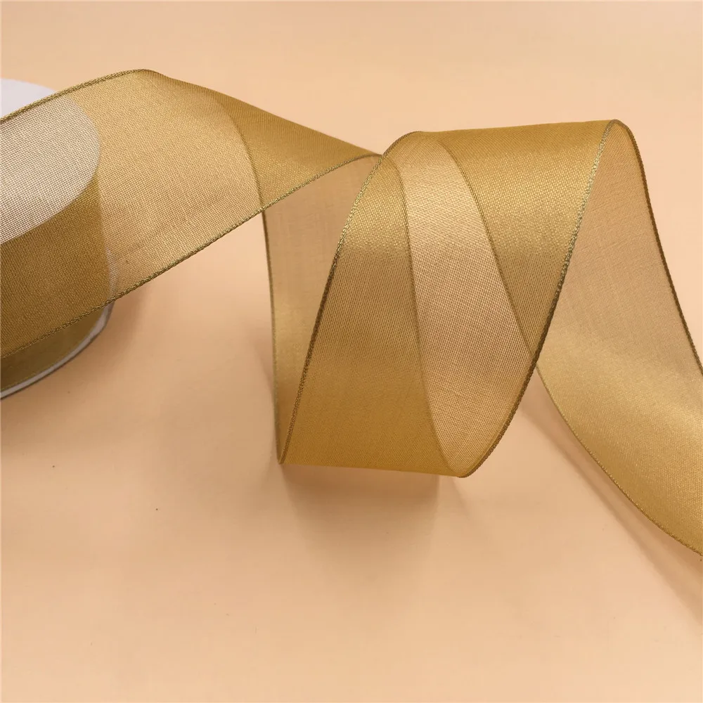 

38MM X 25yards roll golden metallic organza gift box wrapping wired edge ribbon N2154