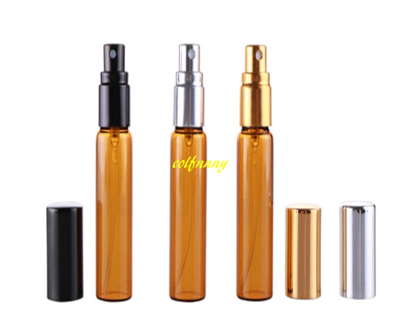 1000 sztuk/partia 5 ML bursztynu szklane butelki z rozpylaczem 10 ML Emtpy wielokrotnego napełniania butelki perfum z pełna pokrywa aluminium cap 17mm średnica