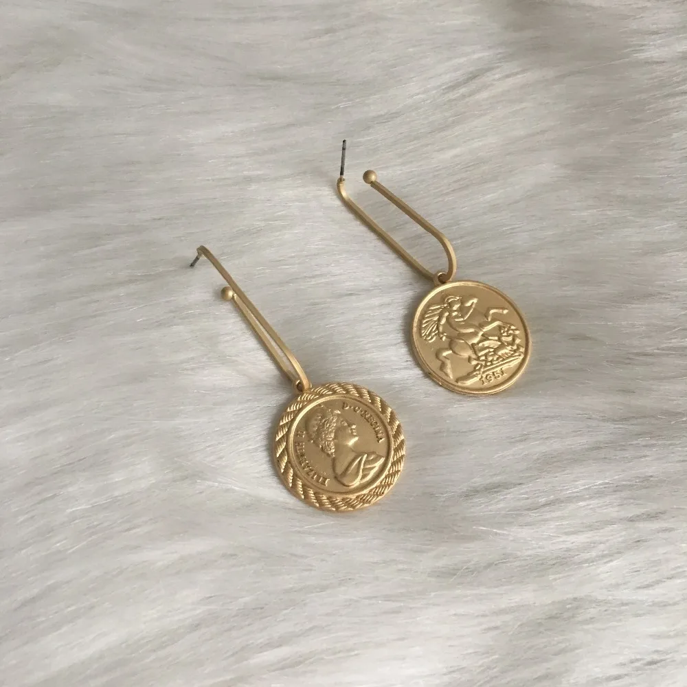 TRENDY EARRINGS   GOLD COLOR PLATING COIN MEDALLION DROP EARRING FOR WOMEN GIRL