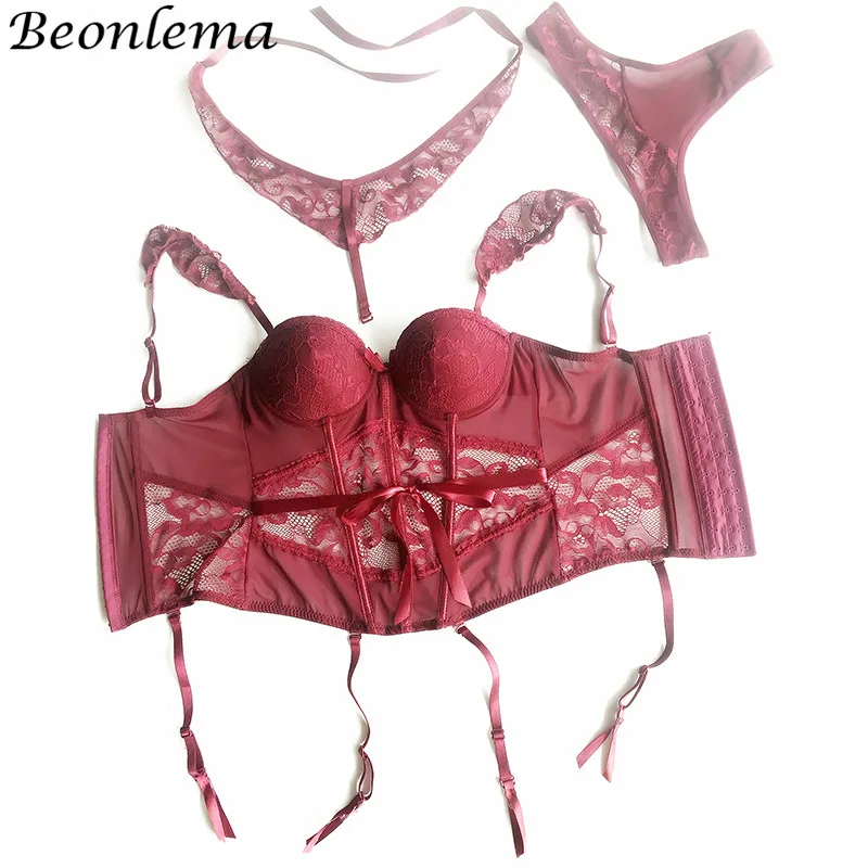 Beonlema Red Sexy Lingerie Corset Bra Gothic Black Bustiers Women Overbust Push Up Gorset See Through Floral Lace Corsets Set
