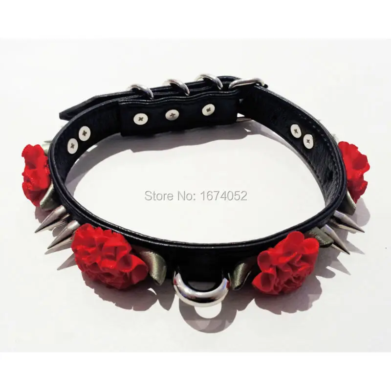 Women Fashion Leather Necklace, Double Studded Punk Goth Emo Kawaii Double Spikes Choker, Pu Leather Flower Collar Necklace