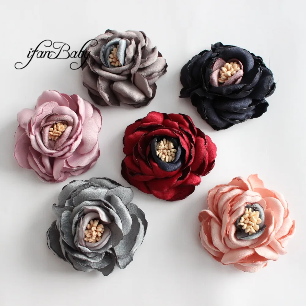 

6cm Singed Layered Poppy flower For Kids Girls DIY Hair Accessories Burned Satin Rose Flower with stamen fabric flowers