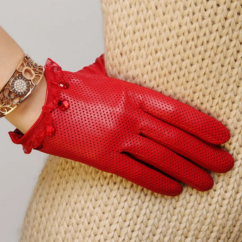 Top Fashion Women Gloves Wrist Lace Beaded Comfortable Perforated Genuine Leather Solid Goatskin Glove Free Shipping L006N