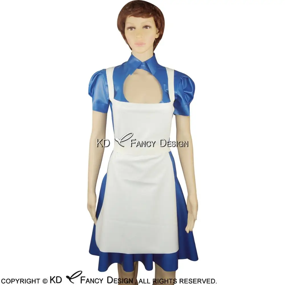 Blue And White Sexy French Maid Latex Dresses With Apron Bows Zipper At Back Open Front Rubber Uniforms LYQ-0015