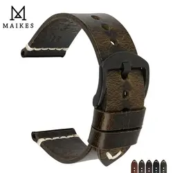 MAIKES High Quality Vintage Green Leather Watch Band Stainless Steel Pin Buckle 22mm 24mm Watch Accessories Watch Strap Bracelet