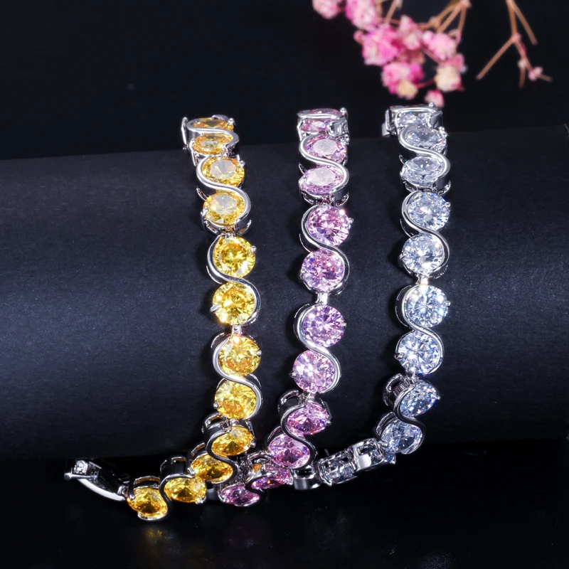 CWWZircons 7 Color Options Round Cut CZ Tennis Women Bracelet with Pink Purple Crystal Fashion Cubic Zirconia Jewelry CB180