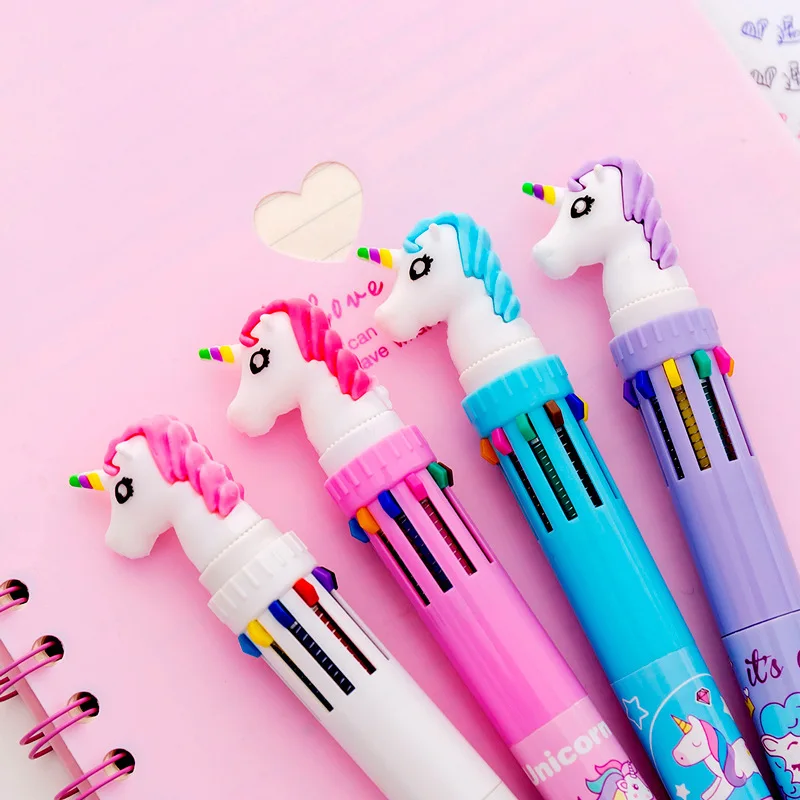 Kawaii Cartoon Animal Flamingo Unicorn Press Ballpoint Pen 10-color Ball Pen Multi-Colored Stylo for Kids School Stationery Gift