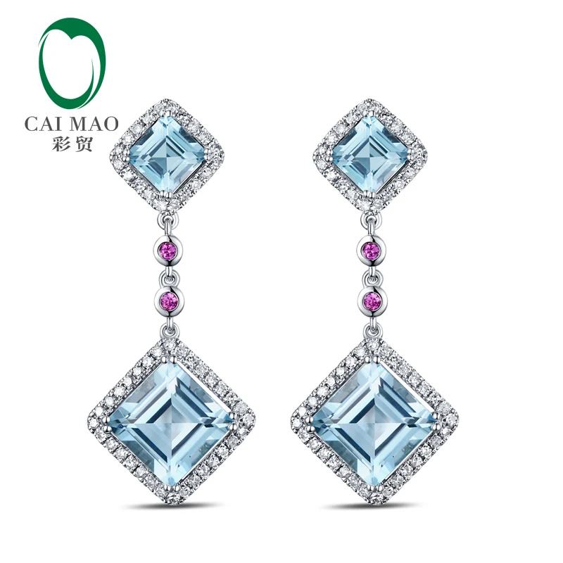 

Lovely Drop Earrings 14K White Gold 7.52ct Natural Sky Blue Topaz Diamonds Pink Ruby Engagement Earrings