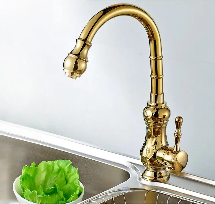 

Kitchen Faucet Single Lever Rotation Art carved Gold Finished Hot and Cold kitchen Faucet tap sink faucet