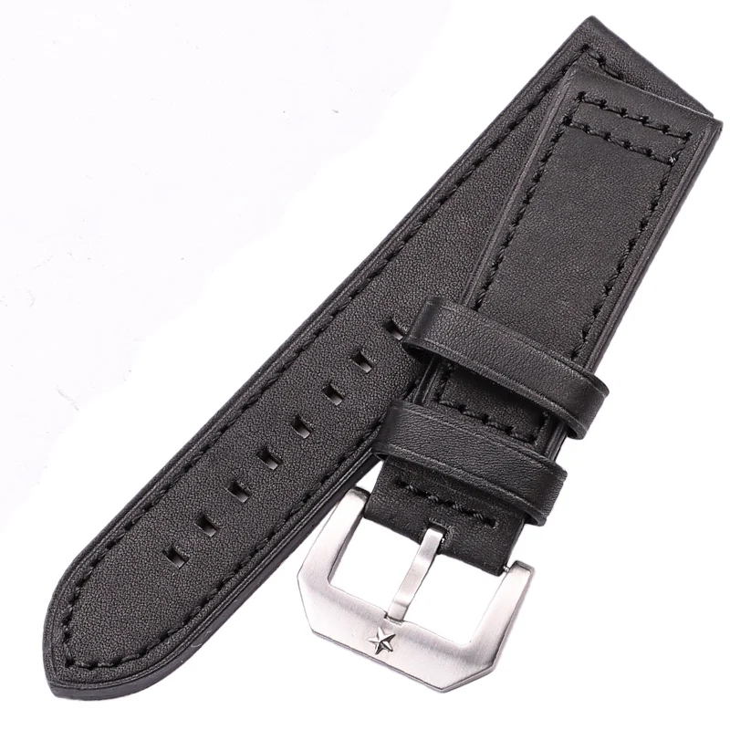 24mm Cowhide Watchband Black Brown Gray Blue Women Men Genuine Leather Watch Strap Bracelet Watch Accessories Pentagram Buckle