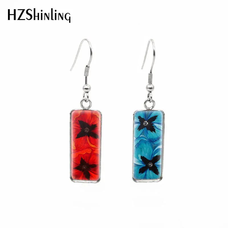 2019 New Red Blue Flowers Rectangular Earring Poppies Art Fish Hook Earring Glass Handmade Jewelry