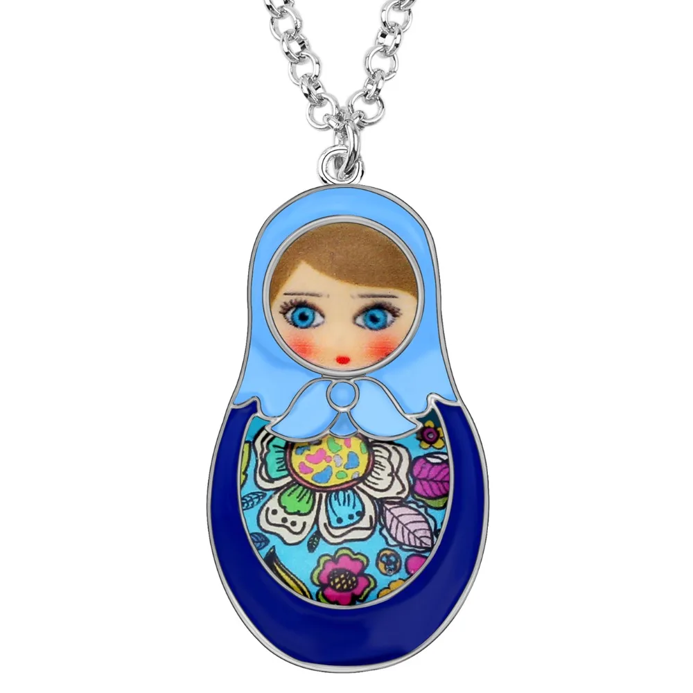 Bonsny Enamel Alloy Matryoshka Russian Doll Necklace Pendant Chain Choker Floral Ethnic Jewelry For Women Girls Teens Gift Party image 2