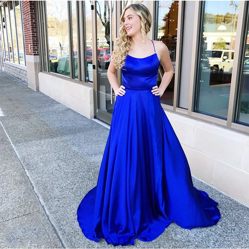 Lange Royal Blue Prom Dress Spaghettibandjes Vestido De Fiesta De Graduacion Kriskras Terug Sweep Trein Satin Prom Jassen 2019